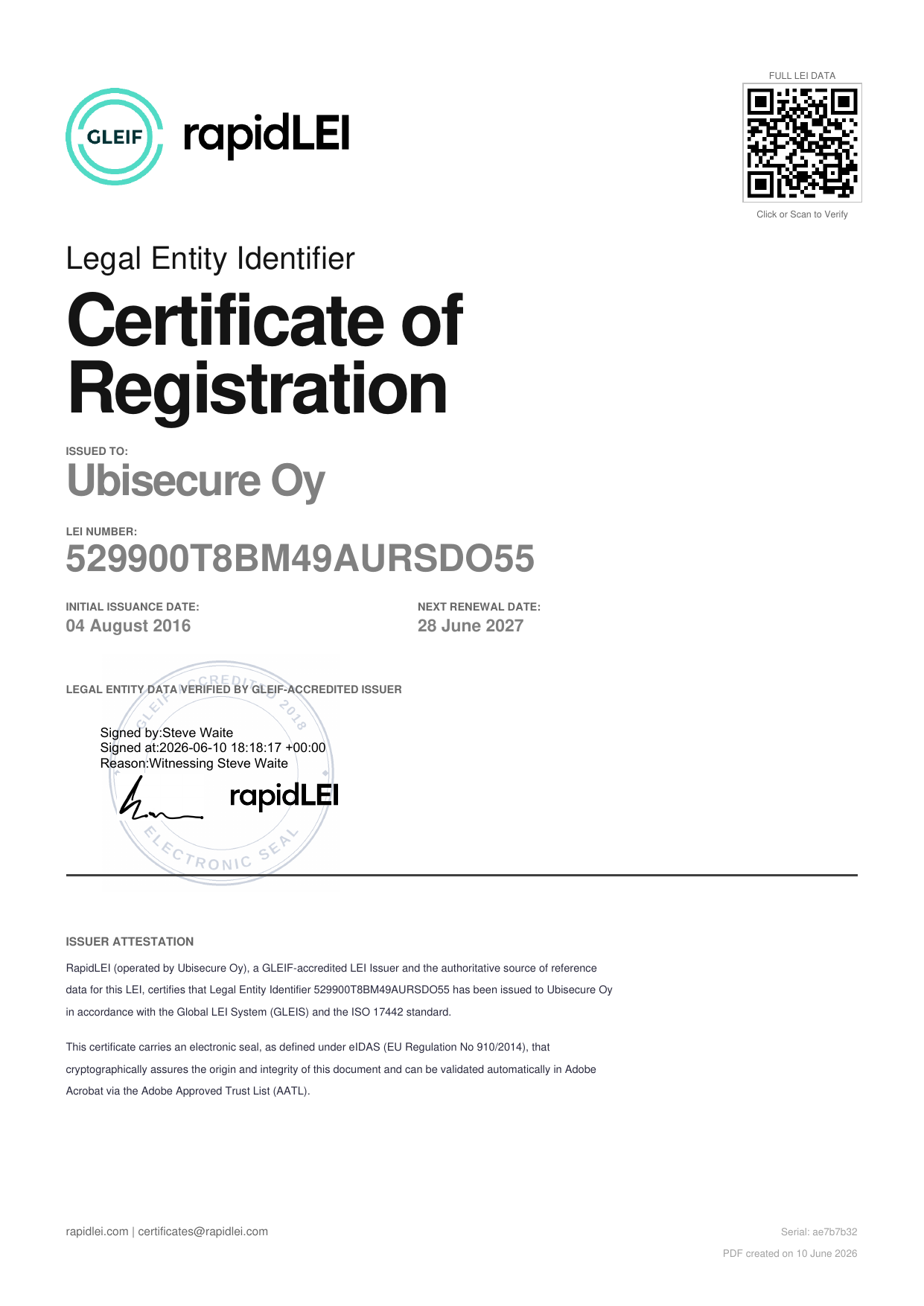 LEI Certificate of Registration -- sample